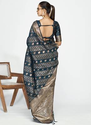 Peacock blue luxurious soft art silk zari weaving saree 4