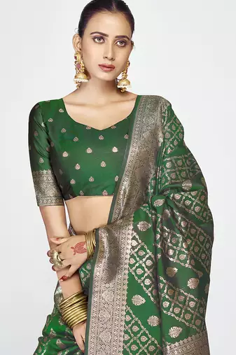 Emerald green soft art silk royal zari weaving saree