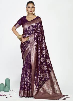 Royal purple traditional soft art silk zari weaving saree 1