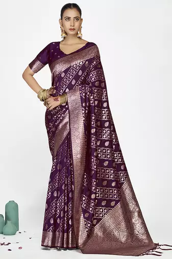Royal purple traditional soft art silk zari weaving saree