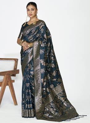 Navy blue banarasi art silk saree with rich zari weaving 1
