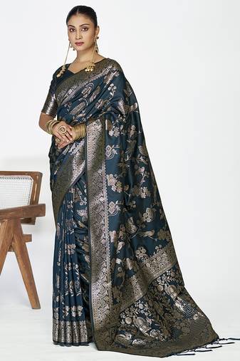 Navy blue banarasi art silk saree with rich zari weaving