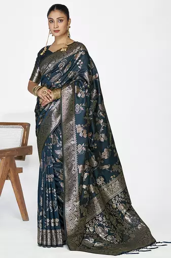 Navy blue banarasi art silk saree with rich zari weaving