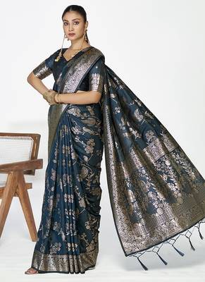 Navy blue banarasi art silk saree with rich zari weaving 2