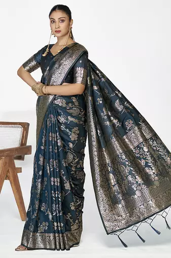 Navy blue banarasi art silk saree with rich zari weaving