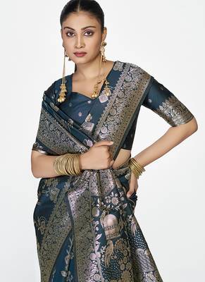 Navy blue banarasi art silk saree with rich zari weaving 3