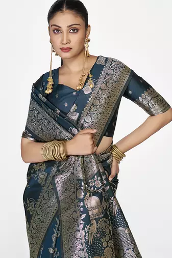 Navy blue banarasi art silk saree with rich zari weaving