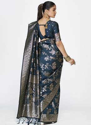 Navy blue banarasi art silk saree with rich zari weaving 4