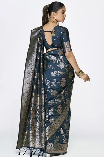 Navy blue banarasi art silk saree with rich zari weaving