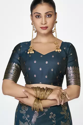 Navy blue banarasi art silk saree with rich zari weaving
