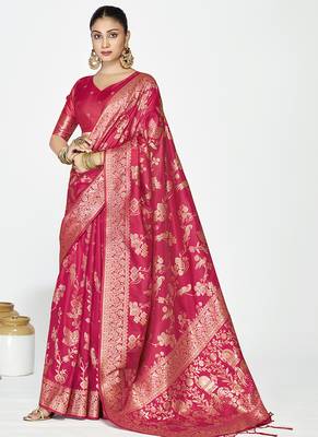 Rani pink banarasi art silk saree with golden floral zari 1
