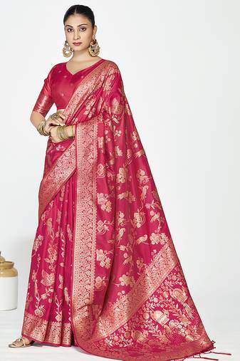Rani pink banarasi art silk saree with golden floral zari