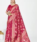 Rani pink banarasi art silk saree with golden floral zari