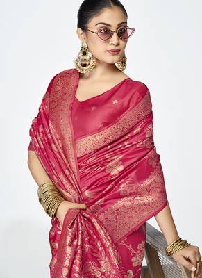 Rani pink banarasi art silk saree with golden floral zari 2