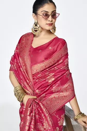 Rani pink banarasi art silk saree with golden floral zari