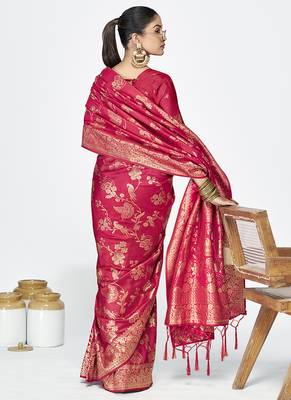 Rani pink banarasi art silk saree with golden floral zari 3