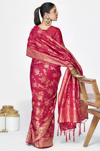 Rani pink banarasi art silk saree with golden floral zari