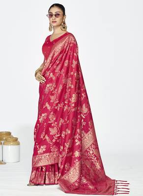 Rani pink banarasi art silk saree with golden floral zari 4