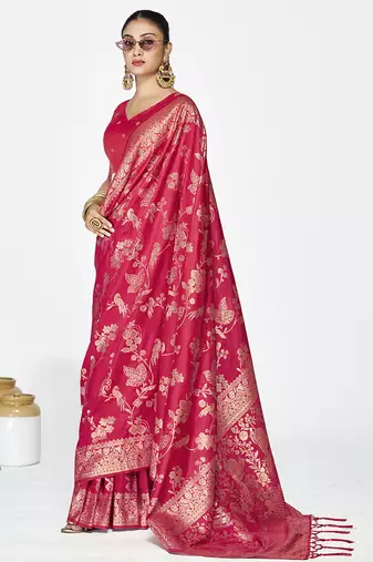 Rani pink banarasi art silk saree with golden floral zari