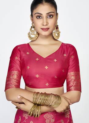 Rani pink banarasi art silk saree with golden floral zari 5