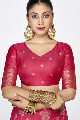 Rani pink banarasi art silk saree with golden floral zari
