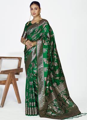 Emerald green banarasi art silk saree with intricate zari work 1