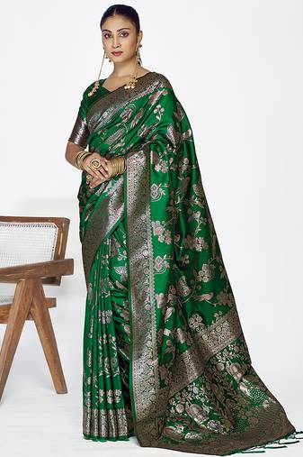 Emerald green banarasi art silk saree with intricate zari work