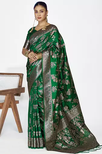 Emerald green banarasi art silk saree with intricate zari work
