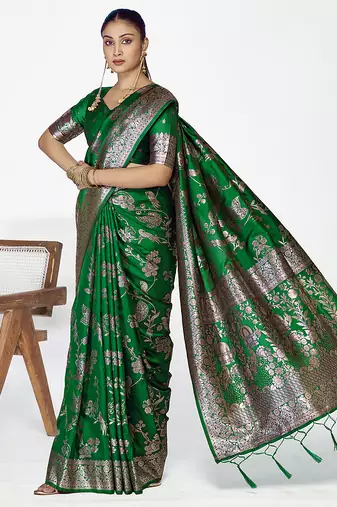 Emerald green banarasi art silk saree with intricate zari work