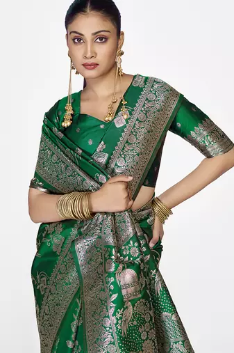 Emerald green banarasi art silk saree with intricate zari work