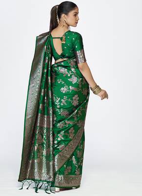 Emerald green banarasi art silk saree with intricate zari work 4