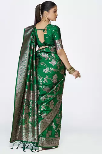 Emerald green banarasi art silk saree with intricate zari work
