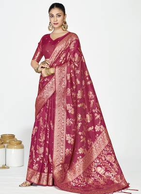 Rose pink banarasi art silk saree with antique zari border 1