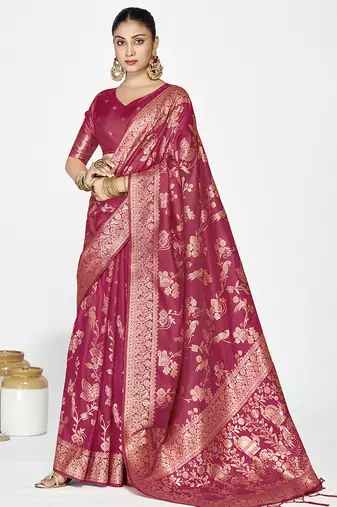 Rose pink banarasi art silk saree with antique zari border