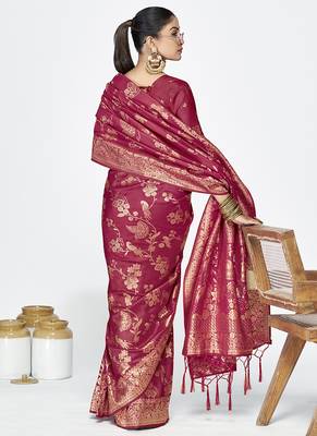 Rose pink banarasi art silk saree with antique zari border 2