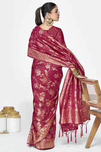 Rose pink banarasi art silk saree with antique zari border