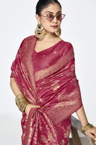 Rose pink banarasi art silk saree with antique zari border