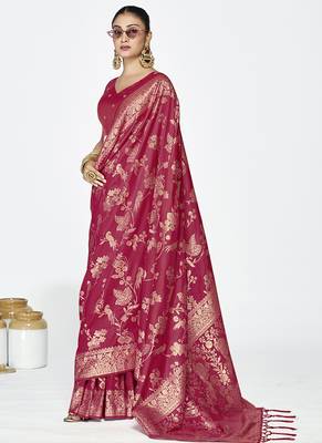 Rose pink banarasi art silk saree with antique zari border 4
