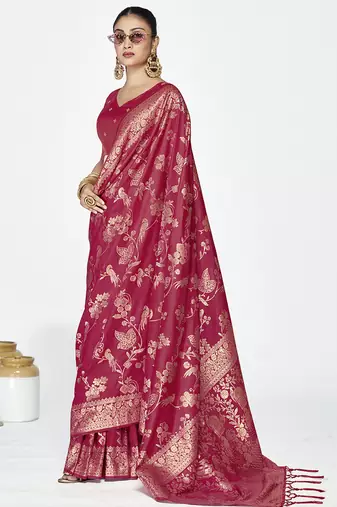 Rose pink banarasi art silk saree with antique zari border
