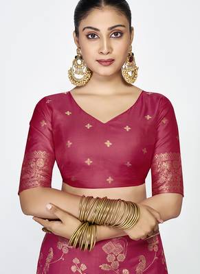 Rose pink banarasi art silk saree with antique zari border 5