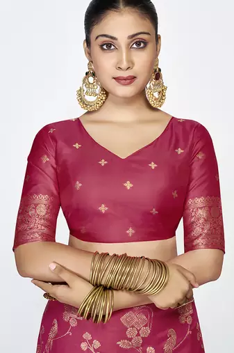 Rose pink banarasi art silk saree with antique zari border