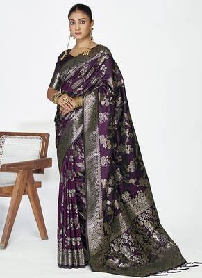 Wine banarasi art silk saree with heavy traditional zari 1