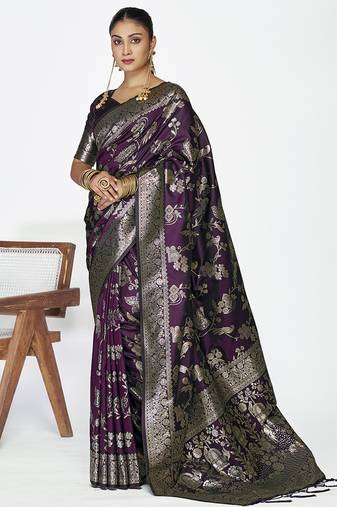 Wine banarasi art silk saree with heavy traditional zari