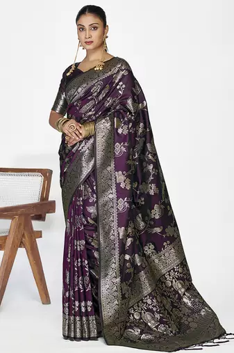 Wine banarasi art silk saree with heavy traditional zari