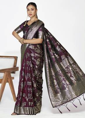 Wine banarasi art silk saree with heavy traditional zari 2