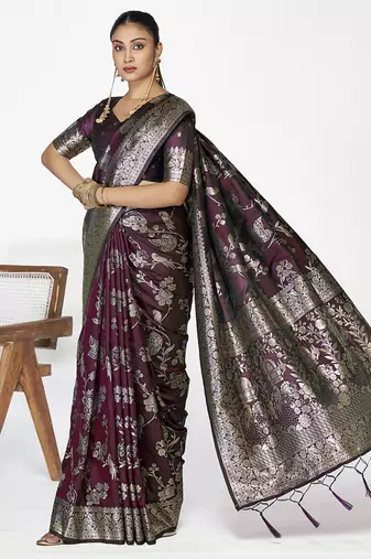 Wine banarasi art silk saree with heavy traditional zari