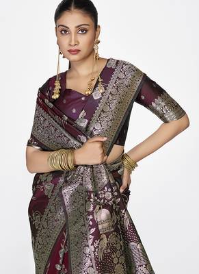 Wine banarasi art silk saree with heavy traditional zari 3