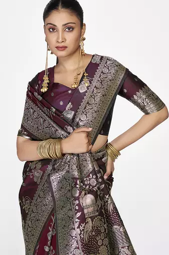 Wine banarasi art silk saree with heavy traditional zari