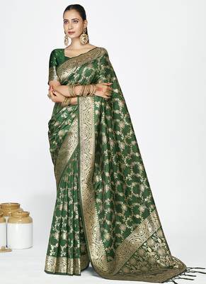 Emerald green banarasi art silk saree with rich golden zari weaving 1
