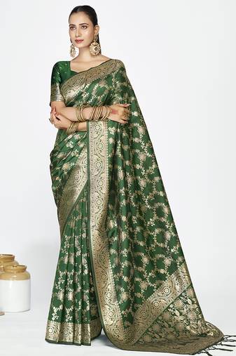 Emerald green banarasi art silk saree with rich golden zari weaving